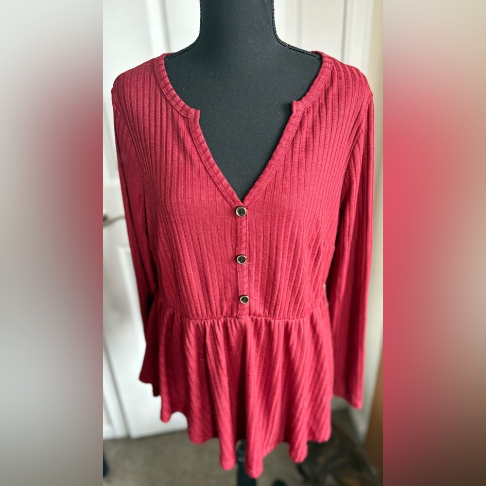 BloomChic Burgundy Button-Down Peplum Blouse